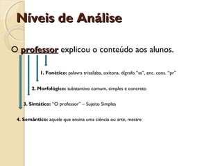 Níveis de AnáliseNíveis de Análise
O professorprofessor explicou o conteúdo aos alunos.
1.1. Fonético: palavra trissílaba, oxítona, dígrafo “ss”, enc. cons. “pr”
2.2. Morfológico: substantivo comum, simples e concreto
3.3. Sintático: “O professor” – Sujeito Simples
4.4. Semântico: aquele que ensina uma ciência ou arte, mestre
 