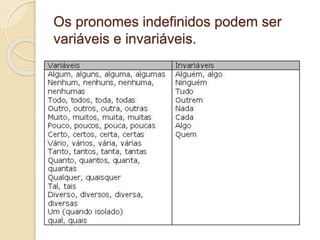 Os pronomes indefinidos podem ser
variáveis e invariáveis.
 