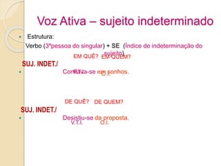 Voz Ativa – sujeito indeterminado
 Estrutura:
Verbo (3ªpessoa do singular) + SE (Índice de indeterminação do
sujeito)
 Confiava-se em sonhos.
 Desistiu-se da proposta.
V.T.I. O.I.
V.T.I. O.I.
SUJ. INDET./
SUJ. INDET./
EM QUÊ? EM QUEM?
DE QUÊ? DE QUEM?
 