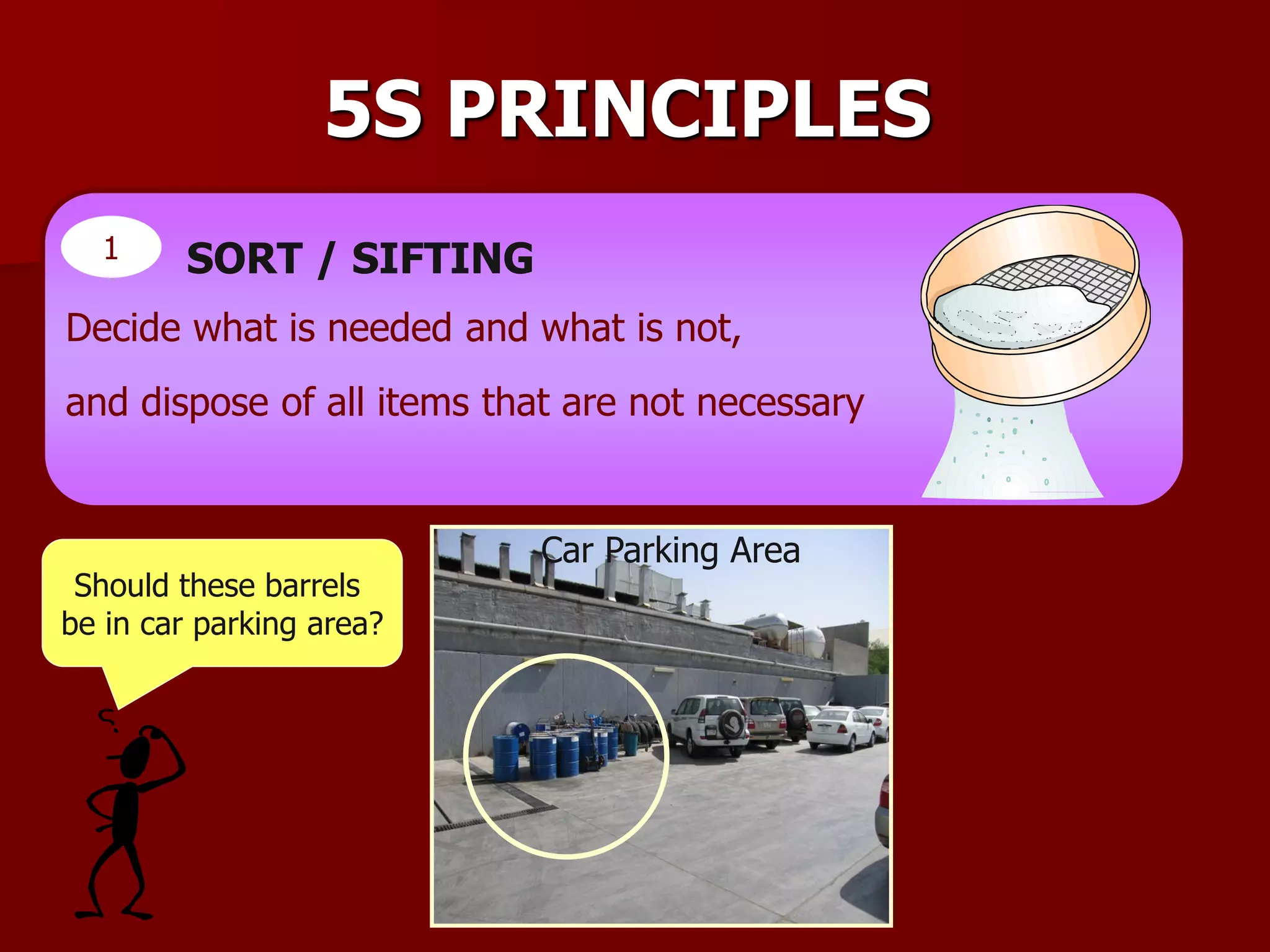 Decide what is needed and what is not,
and dispose of all items that are not necessary
1 SORT / SIFTING
Car Parking Area
Should these barrels
be in car parking area?
5S PRINCIPLES
 