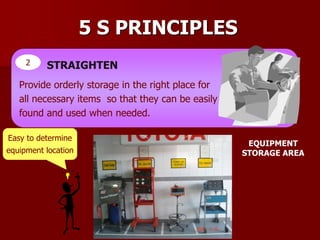 5 S PRINCIPLES
2 STRAIGHTEN
Provide orderly storage in the right place for
all necessary items so that they can be easily
found and used when needed.
EQUIPMENT
STORAGE AREA
Easy to determine
equipment location
 
