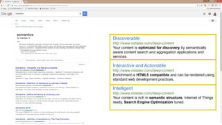 Discoverable
http://www.vistatec.com/deep-content
Your content is optimized for discovery by semantically
aware content search and aggregation applications and
services
Interactive and Actionable
http://www.vistatec.com/deep-content
Enrichment is HTML5 compatible and can be rendered using
standard web development practices.
Intelligent
http://www.vistatec.com/deep-content
Your content is rich in semantic structure, Internet of Things
ready, Search Engine Optimization tuned.
 