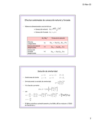 11-Nov-13
7
• Números adimensionales característicos
C ió t l
Efectos combinados de convección natural y forzada
» Convección natural:
» Convección forzada: ReL= u∞ L/ν
GrL/ReL
2 Forma de la solución
Efectos
≈1 Pr)ReGr(NuNu LLL =
comparables
≈1
Convección natural
despreciable
<<1
Convección
forzada
despreciable
>>1
Pr),Re,Gr(NuNu LLL =
Pr),(ReNuNu LL =
Pr),Gr(NuNu LL =
Solución de similaridad
• Condiciones de borde
• Introduciendo la variable de similaridad
• Y la función corriente:
• con
• El BM se satisface automáticamente y los BCM y BE se reducen a 2 EDO
en función de η:
 