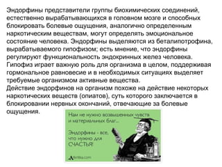 Эндорфины представители группы биохимических соединений,
естественно вырабатывающихся в головном мозге и способных
блокировать болевые ощущения, аналогично определенным
наркотическим веществам, могут определять эмоциональное
состояние человека. Эндорфины выделяются из беталипотрофина,
вырабатываемого гипофизом; есть мнение, что эндорфины
регулируют функциональность эндокринных желез человека.
Гипофиз играет важную роль для организма в целом, поддерживая
гормональное равновесие и в необходимых ситуациях выделяет
требуемые организмом активные вещества.
Действие эндорфинов на организм похоже на действие некоторых
наркотических веществ (опиатов), суть которого заключается в
блокировании нервных окончаний, отвечающие за болевые
ощущения.
 