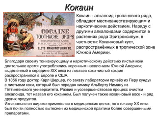 КокаинКокаин
Кокаин - алкалоид тропанового ряда,
обладает местноанестезирующим и
наркотическим действием. Наряду с
другими алкалоидами содержится в
растениях рода Эритроксилум, в
частности: Кокаиновый куст,
распространённых в тропической зоне
Южной Америки.
Благодаря своему тонизирующему и наркотическому действию листья коки
длительное время употреблялись коренным населением Южной Америки;
выделенный в середине XIX века из листьев коки чистый кокаин
распространился в Европе и США.
В 1856 году доктор Карл Шерцер, по заказу лаборатории привёз из Перу сундук
с листьями коки, который был передан химику Альберту Ниману из
Гёттингенского университета. Развив и усовершенствовав процесс очистки
алкалоида, тот назвал его кокаином. Был получен также кокаиновый воск - и ряд
других продуктов.
Изначально он широко применялся в медицинских целях, но к началу XX века
был почти полностью вытеснен из медицинской практики более совершенными
препаратами.
 