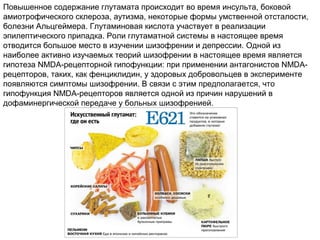 Повышенное содержание глутамата происходит во время инсульта, боковой
амиотрофического склероза, аутизма, некоторые формы умственной отсталости,
болезни Альцгеймера. Глутаминовая кислота участвует в реализации
эпилептического припадка. Роли глутаматной системы в настоящее время
отводится большое место в изучении шизофрении и депрессии. Одной из
наиболее активно изучаемых теорий шизофрении в настоящее время является
гипотеза NMDA-рецепторной гипофункции: при применении антагонистов NMDA-
рецепторов, таких, как фенциклидин, у здоровых добровольцев в эксперименте
появляются симптомы шизофрении. В связи с этим предполагается, что
гипофункция NMDA-рецепторов является одной из причин нарушений в
дофаминергической передаче у больных шизофренией.
 