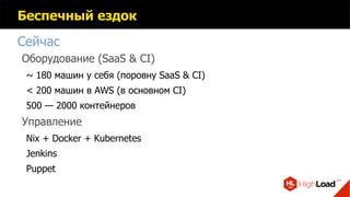 Беспечный ездок
Сейчас
Оборудование (SaaS & CI)
~ 180 машин у себя (поровну SaaS & CI)
< 200 машин в AWS (в основном CI)
500 — 2000 контейнеров
Управление
Nix + Docker + Kubernetes
Jenkins
Puppet
 