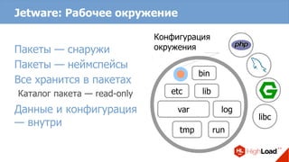 Jetware: Рабочее окружение
Пакеты — снаружи
Пакеты — неймспейсы
Все хранится в пакетах
Каталог пакета — read-only
Данные и конфигурация
— внутри
bin
lib
var log
etc
tmp run
libc
Конфигурация
окружения
 