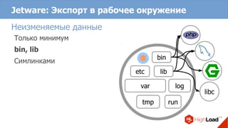 Jetware: Экспорт в рабочее окружение
Неизменяемые данные
Только минимум
bin, lib
Симлинками
bin
lib
var log
etc
tmp run
libc
 
