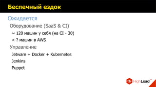 Беспечный ездок
Ожидается
Оборудование (SaaS & CI)
~ 120 машин у себя (на CI - 30)
< ? машин в AWS
Управление
Jetware + Docker + Kubernetes
Jenkins
Puppet
 