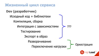 Жизненный цикл сервиса
Dev (разработчик)
Исходный код + библиотеки
Компиляция, сборка
Интеграция с зависимостями
Тестирование
Экспорт в образ
Разворачивание
Переключение нагрузки
???
Оркестрация
 