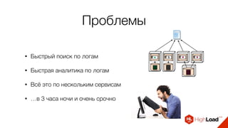 Проблемы
• Быстрый поиск по логам
• Быстрая аналитика по логам
• Всё это по нескольким сервисам
• …в 3 часа ночи и очень с...