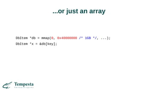 ...or just an array
DbItem *db = mmap(0, 0x40000000 /* 1GB */, ...);
DbItem *x = &db[key];
 