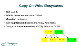 Copy-On-Write filesystems
BtrFS, ZFS
Whole tree branches are COW'ed
Constant root place
Still fragmentation issues and heavy write loads
Very poor at random writes (OLTP), better for OLAP
 