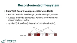 Record-oriented filesystem
OpenVMS Record Management Service (RMS)
● Record formats: fixed length, variable length, stream
● Access methods: sequential, relative record number,
record address, index
● sys$get() & sys$put() instead of read() and write()
 