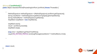 @Around("(anyMethod())")
public Object weaveJoinPoint(ProceedingJoinPoint joinPoint) throws Throwable {
	
	 ...
		 MethodSignature methodSignature = (MethodSignature) joinPoint.getSignature();
		 String className = methodSignature.getDeclaringType().getSimpleName();
		 String methodName = methodSignature.getName();
		 StopWatch stopWatch = new StopWatch();
		 stopWatch.start();
		 result = joinPoint.proceed();
		 stopWatch.stop();
		 long time = stopWatch.getTotalTimeMillis();					
		 Log.d(TAG_METHOD_PROFILE, buildLogMessage(className+"."+methodName, time));		
	 ...
		
	
	 return result;
}
 