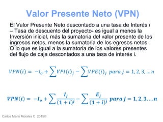 Carlos Mario Morales C 2015©
Valor Presente Neto (VPN)
El Valor Presente Neto descontado a una tasa de Interés i
– Tasa de descuento del proyecto- es igual a menos la
Inversión inicial, más la sumatoria del valor presente de los
ingresos netos, menos la sumatoria de los egresos netos.
O lo que es igual a la sumatoria de los valores presentes
del flujo de caja descontados a una tasa de interés i.
𝑉𝑃𝑁 𝑖 = −𝐼 𝑜 + 𝑉𝑃𝐼(𝑖 𝑗 − 𝑉𝑃𝐸(𝑖 𝑗 𝑝𝑎𝑟𝑎 𝑗 = 1, 2, 3, … 𝑛
𝑽𝑷𝑵 𝒊 = −𝑰 𝒐 +
𝑰𝒋
𝟏 + 𝒊 𝒋
−
𝑬𝒋
𝟏 + 𝒊 𝒋
𝒑𝒂𝒓𝒂 𝒋 = 𝟏, 𝟐, 𝟑, … 𝒏
 