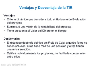 Carlos Mario Morales C 2015©Carlos Mario
Morales C -
20
Ventajas
 Criterio dinámico que considera todo el Horizonte de Evaluación
del proyecto
 Suministra una visión de la rentabilidad del proyecto
 Tiene en cuenta el Valor del Dinero en el tiempo
Desventajas
 El resultado depende del tipo del Flujo de Caja; algunos flujos no
tienen solución, otros tiene más de una solución y otros tienen
una única solución.
 Califica individualmente los proyectos, no facilita la comparación
entre ellos
Ventajas y Desventaja de la TIR
 