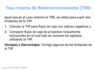 Carlos Mario Morales C 2015©Carlos Mario
Morales C -
25
Igual que en el caso anterior la TIRI, se utiliza para suplir dos
limitantes de la TIR
1. Calcular la TIR para flujos de caja con valores negativos y
2. Comparar flujos de caja de proyectos mutuamente
excluyentes en el cual solo se conocen los egresos,
utilizando la TIR
Ventajas y Desventajas: Corrige algunos de los limitantes de
la TIR
Tasa Interna de Retorno Incremental (TIRI)
 