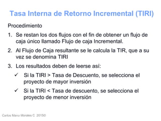 Carlos Mario Morales C 2015©Carlos Mario
Morales C -
26
Procedimiento
1. Se restan los dos flujos con el fin de obtener un flujo de
caja único llamado Flujo de caja Incremental.
2. Al Flujo de Caja resultante se le calcula la TIR, que a su
vez se denomina TIRI
3. Los resultados deben de leerse así:
 Si la TIRI > Tasa de Descuento, se selecciona el
proyecto de mayor inversión
 Si la TIRI < Tasa de descuento, se selecciona el
proyecto de menor inversión
Tasa Interna de Retorno Incremental (TIRI)
 