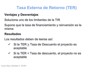 Carlos Mario Morales C 2015©Carlos Mario
Morales C -
29
Ventajas y Desventajas
Soluciona uno de los limitantes de la TIR
Supone que la tasa de financiamiento y reinversión es la
misma
Resultados
Los resultados deben de leerse así:
 Si la TER > Tasa de Descuento el proyecto es
aceptable
 Si la TER < Tasa de descuento, el proyecto no es
aceptable
Tasa Externa de Retorno (TER)
 