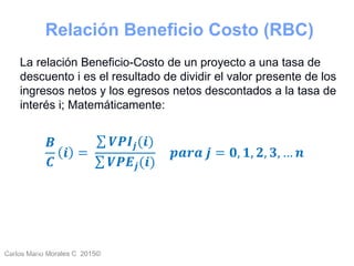 Carlos Mario Morales C 2015©Carlos Mario
Morales C -
35
La relación Beneficio-Costo de un proyecto a una tasa de
descuento i es el resultado de dividir el valor presente de los
ingresos netos y los egresos netos descontados a la tasa de
interés i; Matemáticamente:
𝑩
𝑪
𝒊 =
𝑽𝑷𝑰𝒋(𝒊
𝑽𝑷𝑬𝒋(𝒊
𝒑𝒂𝒓𝒂 𝒋 = 𝟎, 𝟏, 𝟐, 𝟑, … 𝒏
Relación Beneficio Costo (RBC)
 