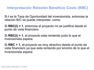 Carlos Mario Morales C 2015©Carlos Mario
Morales C -
36
Si i es la Tasa de Oportunidad del inversionista, entonces la
relación B/C se puede interpretar, como:
Si RBC(i) < 1, entonces el proyecto no se justifica desde el
punto de vista financiero.
Si RBC(i) = 1, el proyecto esta rentando justo lo que el
inversionista espera.
Si RBC > 1, el proyecto es muy atractivo desde el punto de
vista financiero ya que esta rentando por encimo de lo que el
inversionista espera
Interpretación Relación Beneficio Costo (RBC)
 