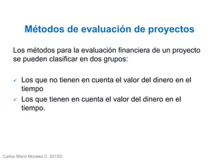 Carlos Mario Morales C 2015©
Métodos de evaluación de proyectos
Los métodos para la evaluación financiera de un proyecto
se pueden clasificar en dos grupos:
 Los que no tienen en cuenta el valor del dinero en el
tiempo
 Los que tienen en cuenta el valor del dinero en el
tiempo.
5
 
