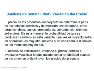 Carlos Mario Morales C 2015©
Análisis de Sensibilidad - Variación del Precio
El precio de los productos del proyecto se determina a partir
de los estudios técnicos y de mercado, considerando, entre
otras variables, costos, proveedores, competencia, clientes,
entre otros. De esta manera, la probabilidad de que se
produzcan cambios en esta variable, una vez el proyecto entre
en operación, es muy alta; máxime si se considera la dinámica
de los mercados hoy en día.
El análisis de sensibilidad, variando el precio, permite al
evaluador visualizar lo que sucede con la rentabilidad cuando
se incrementan o disminuyen los precios del proyecto
 