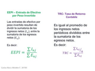 Carlos Mario Morales C 2015©Carlos Mario
Morales C -
8
Las entradas de efectivo por
peso invertido resultan de
dividir la sumatoria de los
ingresos netos (𝐼 𝑛𝑗), entre la
sumatoria de los egresos
netos (𝐸 𝑛𝑗).
Es decir:
𝐸𝐸𝑃𝐼 =
𝐼 𝑛𝑗
𝐸 𝑛𝑗
EEPI – Entrada de Efectivo
por Peso Invertido
Es igual al promedio de
los ingresos netos
periódicos divididos entre
la sumatoria de los
egresos netos.
Es decir:
𝑇𝑅𝐶 =
𝐼 𝑛𝑗
𝑛
𝐸 𝑛𝑗
TRC- Tasa de Retorno
Contable
 