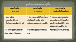 สงครามโลกครั้งที่ 1
(1914-1918)
สงครามโลกครั้งที่ 2
(1939-1945)
สงครามโลกครั้งที่ 3
(จะไม่มีจุดเริ่มต้นและสิ้นสุด)
• สงครามใหญ่
• เฉพาะในทวีปยุโรป
• พื้นที่สงครามอยู่ในทวีปยุโรป
• สงครามลุกลามไปทั่วโลกทั้งใน
ยุโรป แอฟริกาเหนือ เอเชีย
ตะวันออก และมหาสมุทรแปซิฟิก
• สงครามกระจายไปทั่วแต่ละ
ประเทศในทุกทวีป ทั้งอเมริกา
แอฟริกา เอเชียแปซิฟิค ยุโรป
และมหาสมุทรแปซิฟิคฯลฯ
•"สงครามของคนหมู่มาก"
(War of the Masses)
•"สงครามของประชาชนทุก
คน“
•สงครามไร้ตัวตน(นิรนาม)
 