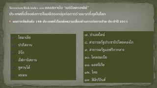  ผลการจัดอันดับ 198 ประเทศทั่วโลกต่อความเสี่ยงด้านการก่อการร้าย ประจาปี 2011
๑. โซมาเลีย
๒. ปากีสถาน
๓. อิรัก
๔. อัฟกานิสถาน
๕. ซูดานใต้
๖. เยเมน
๗. ปาเลสไตน์
๘. สาธารณรัฐประชาธิปไตยคองโก
๙. สาธารณรัฐแอฟริกากลาง
๑๐. โคลอมเบีย
๑๑. แอลจีเรีย
๑๒. ไทย
๑๓ .ฟิลิปปินส์
 