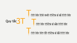 Quy tắc3T
Trình bày khái quát những gì sẽ trình bày
Trình bày những gì cần trình bày
Trình bày tóm tắt những gì đã trình bày
 