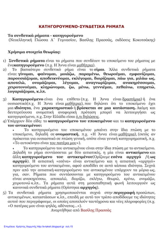 ΚΑΤΗΓΟΡΟΥΜΕΝΟ-ΣΥΝΔΕΤΙΚΑ ΡΗΜΑΤΑ
Τα συνδετικά ρήματα - κατηγορούμενο
(Νεοελληνική Γλώσσα Α΄ Γυμνασίου, Βασίλης Πρασσάς, εκδόσεις Κοκοτσάκης)
Χρήσιμα στοιχεία θεωρίας:
1) Συνδετικά ρήματα είναι τα ρήματα που συνδέουν το υποκείμενο του ρήματος με
ένακατηγορούμενο (π.χ. Η Άννα είναι μαθήτρια).
2) Το βασικότερο συνδετικό ρήμα είναι το είμαι. Άλλα συνδετικά ρήματα
είναι: γίνομαι, φαίνομαι, μοιάζω, παραμένω, θεωρούμαι, εμφανίζομαι,
παρουσιάζομαι, αποδεικνύομαι, εκλέγομαι, διορίζομαι, πάω για, μιλάω ως,
αποτελώ, ονομάζομαι, λέγομαι, αναγνωρίζομαι, ανακηρύσσομαι,
χειροτονούμαι, κληρώνομαι, ζω, μένω, γεννιέμαι, πεθαίνω, υπηρετώ,
λογαριάζομαι, κ.λπ.
3) Κατηγορούμενο είναι ένα επίθετο (π.χ. Η Άννα είναι δραστήρια) ή ένα
ουσιαστικό(π.χ. Η Άννα είναι μαθήτρια), που δηλώνει ότι το υποκείμενο έχει
μια ιδιότητα, ένα χαρακτηριστικό ή βρίσκεται σε μια κατάσταση. Ακόμη και
δευτερεύουσα ονοματική αναφορική πρόταση μπορεί να λειτουργήσει ως
κατηγορούμενο, π.χ. Στην Ελλάδα είσαι ό,τι δηλώσεις.
4) Υπάρχουν δύο είδη: το κατηγορούμενο του υποκειμένου και το κατηγορούμενο
του αντικειμένου:
 Το κατηγορούμενο του υποκειμένου μπαίνει στην ίδια πτώση με το
υποκείμενο, δηλαδή σε ονομαστική, π.χ. «Η Άννα είναι μαθήτρια), (εκτός αν
πρόκειται για ουσιαστικό σε πτώση γενική, οπότε είναι γενική κατηγορηματική, π.χ.
«Το αυτοκίνητο είναι του πατέρα μου»).
 Το κατηγορούμενο του αντικειμένου είναι στην ίδια πτώση με το αντικείμενο.
Δηλαδή το ρήμα συντάσσεται με δύο αιτιατικές, η μία είναι αντικείμενο και
άλλη κατηγορούμενο του αντικειμένου(Ορίζουμε εσένα αρχηγό /ή ως
αρχηγό). Η αιτιατική «εσένα» είναι αντικείμενο και η αιτιατική «αρχηγό»
κατηγορούμενο του αντικειμένου, αφού αποδίδει σε αυτό κάποια ιδιότητα. Συχνά
πριν από την αιτιατική-κατηγορούμενο του αντικειμένου υπάρχουν τα μόρια ως,
για, σαν. Ρήματα που συντάσσονται με κατηγορούμενο του αντικειμένου
είναι: ανακηρύσσω, αποκαλώ, διορίζω, εκλέγω, θεωρώ, κρίνω, ονομάζω,
χειροτονώ κ.λπ.. Τα ρήματα αυτά στη μεσοπαθητική φωνή λειτουργούν ως
κανονικά συνδετικά ρήματα (Ορίστηκα αρχηγός).
5) Τα συνδετικά ρήματα χρησιμοποιούνται συχνά στην περιγραφή προσώπων,
αντικειμένων, καταστάσεων κ.λπ., επειδή με αυτό τον τρόπο αποδίδουμε τις ιδιότητες
αυτού που περιγράφουμε, οι οποίες αποτελούν ταυτόχρονα και νέες πληροφορίες (π.χ.
«Ο πατέρας μου είναι ψηλός, αδύνατος…»).
Αναρτήθηκε από Βασίλης Πρασσάς
Επιμέλεια: Χρήστος Χαρμπής http://e-taksh.blogspot.gr σελ.15
 