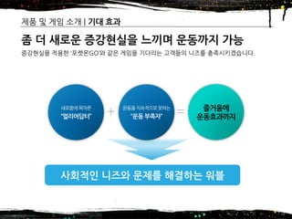 2016년 제14기 차세대 글로벌창업 무역스쿨(모국방문) – 7조
제품 및 게임 소개 | 기대 효과
10
좀 더 새로운 증강현실을 느끼며 운동까지 가능
증강현실을 적용한 ‘포켓몬GO’와 같은 게임을 기다리는 고객들의 니즈를 충족시키겠습니다.
사회적인 니즈와 문제를 해결하는 워블
즐거움에
운동효과까지+ =
 