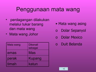 Penggunaan mata wang perdagangan dilakukan melalui tukar barang dan mata wang Mata wang Johor Mata wang asing Dolar Sepanyol Dolar Mexico Duit Belanda katun timah Kupang perak Mas emas Dikenali sebagai Mata wang 