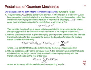 Our discussion of the path integral formalism begins with Feynman’s Rules:
102
2017
MRT
2
),(),( abKabP =
The transition function from a single path is postulated to be an exponential whose
(imaginary) phase is the classical action (in units of h) for the path in question;
Postulates of Quantum Mechanics
1. The probability P(b,a) that a particle will arrive at b, when let out at the source a, can
be represented quantitatively by the absolute square of a complex number called the
transition function (or probability amplitude in Feynman’s language) K(b,a) – in this
case, the transition function that a particle from a will arrive at b is:
2. When a particle can reach a given state (say, point b) by two possible routes, the total
transition function for the process is the sum of the transition functions for the two
routes considered separately:
∑=++=
PathsAll
2Path1Path
e),(),(),( h
L Si
kabKabKabK
3. When a particle goes by some particular route b, the transition function for that route
can be written as the product of the transition function to go part way with the
transition function to go the rest of the way:
∑=
PathsAll
),(),(),( abKbcKacK
where k is a constant that can be determined by the rule 3, if applicable and;
where we sum over all intermediate point b connecting a and c.
 