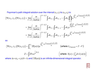 so
2017
MRT
Feynman’s path integral solution over the interval (x1,t1) to (xN,tN) is:
where ∆t =(tN −t1)/(N −1) and ∫D[x(t)] is an infinite-dimensional integral operator.
 