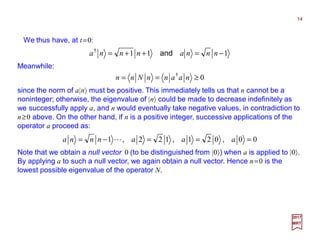 We thus have, at t=0:
14
2017
MRT
Meanwhile:
111†
−=++= nnnannna and
0†
≥== naannNnn
since the norm of a|n〉 must be positive. This immediately tells us that n cannot be a
noninteger; otherwise, the eigenvalue of |n〉 could be made to decrease indefinitely as
we successfully apply a, and n would eventually take negative values, in contradiction to
n≥0 above. On the other hand, if n is a positive integer, successive applications of the
operator a proceed as:
000211221 ===−= aaannna ,,,L
Note that we obtain a null vector 0 (to be distinguished from |0〉) when a is applied to |0〉.
By applying a to such a null vector, we again obtain a null vector. Hence n=0 is the
lowest possible eigenvalue of the operator N.
 