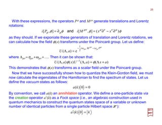 With these expressions, the operators Pµ and Mµν generate translations and Lorentz
rotations:
as they should. If we exponiate these generators of translation and Lorentz rotations, we
can calculate how the field φ(x) transforms under the Poincaré group. Let us define:
φφφφ µννµµν
µµ )(],[],[ ∂−∂=∂= xxMiPi and
25
2017
MRT
µ
µ
µν
µν PaiMi
aU
−−
=Λ
ω
2
1
e),(
where Λµν =ηµν +ωµν +…. Then it can be shown that:
)(),()(),( 1
axaUxaU +Λ=ΛΛ −
φφ
This demonstrates that φ(x) transforms as a scalar field under the Poincaré group.
Now that we have successfully shown how to quantize the Klein-Gordon field, we must
now calculate the eigenstates of the Hamiltonian to find the spectrum of states. Let us
define the vacuum states as follows:
00)( =ka
By convention, we call a(k) an annihilation operator. We define a one-particle state via
the creation operator a†(k) as a Fock space (i.e., an algebraic construction used in
quantum mechanics to construct the quantum states space of a variable or unknown
number of identical particles from a single particle Hilbert space HHHH ):
kka =0)(†
 