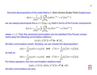 Since the decomposition of the scalar field (c.f., Klein-Gordon Scalar Field chapter) was:
where i=1,2. Then the canonical commutation can be satisfied if the Fourier compo-
nents obey the following commutation relations:
30
2017
MRT
∫
⋅⋅−
+= ]e)(e)([
ω2)π2(
1
)( †
3
23
xki
i
xki
ii kaka
d
x
k
k
φ
jiji kaka δδ )()](,)([ 3†
kk ′=′ −−−−
All other commutators vanish. Similarly, we can choose the decomposition:
)]()([
2
1
)()]()([
2
1
)( †
2
†
1
†
21 kaikakakaikaka −=+= and
as well as:
)]()([
2
1
)()]()([
2
1
)( †
2
†
1
†
21 kaikakbkaikakb +=−= and
For these operators, the new commutation relations read:
)()](,)([)](,)([ 3††
kk ′=′=′ −−−−δkbkbkaka
All other commutators are zero.
∫
⋅⋅−
+= ]e)(e)([
ω2)π2(
1
)( †
3
23
xkixki
kaka
d
x
k
k
φ
we can always decompose the φ = (1/√2)(φ1 +φ2) field in terms of the Fourier components:
 