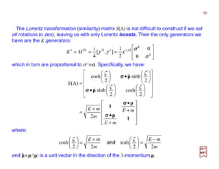 The Lorentz transformation (similarity) matrix S(Λ) is not difficult to construct if we set
all rotations to zero, leaving us with only Lorentz boosts. Then the only generators we
have are the K generators:
where:










+
•
+
•
+
=
























•






•





=Λ
1
p
p
1
p
p
mE
mE
m
mE
S
σσσσ
σσσσ
σσσσ
σσσσ
2
2
cosh
2
sinhˆ
2
sinhˆ
2
cosh
)(
ζζ
ζζ
55
2017
MRT
m
mE
m
mE
22
sinh
22
cosh
−
=




+
=




 ζζ
and
which in turn are proportional to σ i ≡σσσσ. Specifically, we have:








=== k
k
kjiiii i
MK
σ
σ
εγγ
0
0
2
1
],[
4
00
and p≡p/|p| is a unit vector in the direction of the 3-momentum p.ˆ
 