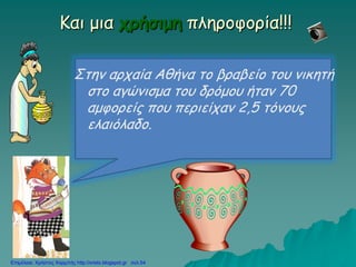 Και μια χρήσιμη πληροφορία!!!
Στην αρχαία Αθήνα το βραβείο του νικητή
στο αγώνισμα του δρόμου ήταν 70
αμφορείς που περιείχαν 2,5 τόνους
ελαιόλαδο.
Επιμέλεια: Χρήστος Χαρμπής http://xristx.blogspot.gr σελ.54
 