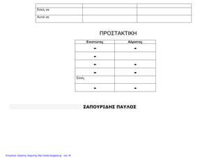 xristx.blogspot.gr Χρήστος Χαρμπής
Εσείς να
Αυτοί να
ΠΡΟΣΤΑΚΤΙΚΗ
Ενεστώτας Αόριστος
- -
-
- -
- -
Εσείς
- -
ΣΑΠΟΥΡΙ∆ΗΣ ΠΑΥΛΟΣ
Επιμέλεια: Χρήστος Χαρμπής http://xristx.blogspot.gr σελ.18
 