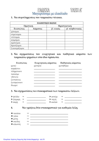 xristx.blogspot.gr Χρήστος Χαρµπής
1. Να συμπληρώσεις τον παρακάτω πίνακα.
ΠΑΘΗΤΙΚΗ ΦΩΝΗ
Οριστική Προστακτική
Ενεστώτας Αόριστος β΄ ενικός β΄ πληθυντικός
χάνομαι
στρώνομαι
ντύνομαι
κοιμάμαι
κρατιέμαι
δροσίζομαι
ξεκουράζομαι
2. Να σχηματίσεις τον ενεργητικό και παθητικό αόριστο των
παρακάτω ρημάτων στο ίδιο πρόσωπο.
Ενεστώτας Ενεργητικός αόριστος Παθητικός αόριστος
ρωτώ ρώτησα ρωτήθηκα
καρφώνει _____________________ _______________________
πληρώνουν _____________________ _______________________
πατούμε _____________________ _______________________
γδύνετε _____________________ _______________________
ζεσταίνεις _____________________ _______________________
ξεσηκώνουν _____________________ _______________________
θεωρεί _____________________ _______________________
3. Να σχηματίσεις τα υποκοριστικά των παρακάτω λέξεων.
φύλλο ___________________ αστέρι _________________
ζάχαρη ___________________ πηγή _________________
άκρη ___________________ κοιλιά _________________
4. Να γράψεις δύο υποκοριστικά για καθεμία λέξη.
πατάτα ______________________________________
γάτα ______________________________________
μύτη ______________________________________
σκύλος ______________________________________
κλωστή ______________________________________
Επιμέλεια: Χρήστος Χαρμπής http://xristx.blogspot.gr σελ.19
 