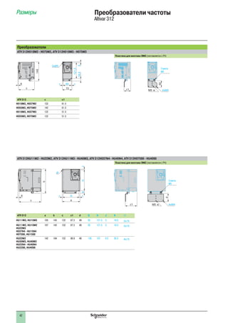 42
Размеры Преобразователи частоты
Altivar 312
Преобразователи
ATV 312H018M2 - H075M2, ATV 312H018M3 - H075M3
Пластина для монтажа ЭМС (поставляется с ПЧ)
6
c
145
121,5
518,5
60= =
72
2xØ5
c1
50
4xM4M5 t
2 винта
M5
ATV 312 c c1
H018M2, H037M2 132 61.5
H055M2, H075M2 142 61.5
H018M3, H037M3 122 51.5
H055M3, H075M3 132 51.5
ATV 312HU11M2 - HU22M2, ATV 312HU11M3 - HU40M3, ATV 312H037N4 - HU40N4, ATV 312H075S6 - HU40S6
Пластина для монтажа ЭМС (поставляется с ПЧ)
c
6
b
Ø
JKH
G= =
a
c1
d
4xM4M5 t
2 винта
M5
ATV 312 a b c c1 d G H J K ∅
HU11M3, HU15M3 105 143 132 67.3 49 93 121.5 5 16.5 2x∅5
HU11M2, HU15M2
HU22M3
H037N4 - HU15N4
H075S6, HU15S6
107 143 152 67.3 49 93 121.5 5 16.5 2x∅5
HU22M2
HU30M3, HU40M3
HU22N4 - HU40N4
HU22S6, HU40S6
142 184 152 88.8 48 126 157 6.5 20.5 4x∅5
 