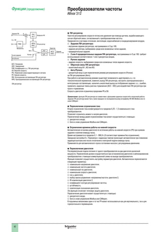 62
ПИ-регуляторb
Простое регулирование скорости потока или давления при помощи датчика, вырабатывающего
сигнал обратной связи, согласованный с преобразователем частоты.
Применяется в системах отопления, вентиляции, водоснабжения и кондиционирования воздуха.
v Задание ПИ-регулятора:
- внутреннее задание регулятора, настраиваемое от 0 до 100;
- задание регулятора, выбираемое среди всех возможных типов задания;
- предварительные задания.
v 2 или 4 предварительных задания ПИ-регулятора, настраиваемых от 0 до 100, требуют
использования соответственно 1 или 2 дискретных входов.
v Ручное задание
- задание скорости, выбираемое среди всех возможных типов задания скорости.
v Обратная связь ПИ-регулятора:
- аналоговый вход AI1, AI2 или AI3.
v Авто/Ручное:
- дискретный вход LI для переключения режима регулирования скорости (Ручное)
на ПИ-регулирование (Авто).
При работе в автоматическом режиме существует возможность адаптировать о.с. по
технологической переменной, изменить выход ПИ-регулятора, настроить пропорциональную и
интегральную составляющие, назначить аналоговый выход на отображение задания, о.с., ошибки,
применить заданные темпы разгона-торможения (ACC - DEC) для воздействия ПИ-регулятора при
пуске и торможении.
Скорость двигателя ограничена пределами PV и GV.
Примечание: функция ПИ-регулятора не совместима с функциями заданных скоростей и пошаговой работы.
Задание ПИ-регулятору может быть также передано по последовательному интерфейсу RS 485 Modbus или по
шине CANopen.
b Переключение ограничения тока
Второе ограничение тока конфигурируется в пределах 0,25 - 1,5 номинального тока
преобразователя.
Позволяет ограничить момент и нагрев двигателя.
Переключение между двумя ограничениями тока может осуществляться с помощью:
v дискретного входа;
v бита в слове управления Modbus или CANopen.
b Ограничение времени работы на нижней скорости
Автоматическая остановка двигателя по истечении работы на нижней скорости (PV) при нулевом
задании и наличии команды пуска.
Время настраивается в пределах 0,1 - 999,9 с (0 соответствует времени без ограничения).
Заводская настройка 0 с. Перезапуск с заданным темпом происходит автоматически при появлении
задающегосигнала или после отключения и повторной подачи команды пуска.
Применяется для автоматического пуска и остановки насосов с регулируемым давлением.
b Переключение двигателя
Последовательная подача питания от одного преобразователя на два двигателя различной
мощности. Переключение должно осуществляться при остановленном двигателе и заблокированном
преобразователе с помощью коммутационной схемы на выходе преобразователя.
Функция позволяет осуществлять настройку параметров двигателя. Автоматически переключаются
следующие параметры:
v номинальное напряжение двигателя;
v номинальная частота двигателя;
v номинальный ток двигателя;
v номинальная скорость двигателя;
v cos ϕ двигателя;
v выбор закона управления «напряжение/частота» двигателя 2;
v IR-компенсация двигателя 2;
v коэффициент контура регулирования частоты;
v устойчивость;
v компенсация скольжения двигателя.
Эта функция отключает тепловую защиту двигателя.
Переключение двигателя может осуществляться с помощью:
v дискретного входа;
v бита в слове управления Modbus или CANopen.
В подъемных механизмах один и тот же ПЧ может использоваться как для вертикального, так и для
горизонтального перемещения.
ACC
DEC
RPG
RIG
PIC
X±1
FBS
+Задание ПИ
О.с. ПИ
Ручное задание
ЗаданиеАвто
Ручное
Инверсия ПИ
ПИ-регулятор
ЗадатчикМножитель
Авто/Ручное
ACC: Ускорение
DEC: Замедление
FBS: Коэффициент о.с. ПИ-регулятора
GV: Верхняя скорость
PIC: Изменение знака корректирующего сигнала
PV: Нижняя скорость
RIG: Интегральная составляющая ПИ-регулятора
RPG: Пропорциональная составляющая ПИ-регулятора
ПИ-регулятор
HSP
LSP
Функции (продолжение) Преобразователи частоты
Altivar 312
 