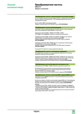 Преобразователь частоты с дополнительным источником питания
Если ток потребления дополнительных карт превышает 200 мA, то преобразователи ATV 61WpppN4
могут быть заказаны с источником питания c 24 В, позволяющим увеличить дополнительно
потребляемый ток на 250 мA.
Для этого добавьте A24 в конце каталожного номера.
Например: каталожный номер ПЧ ATV 61W075N4 становится ATV 61W075N4A24
Преобразователь частоты усиленной версии
Такой вариант позволяет преобразователям частоты работать в особых условиях окружающей
среды, отвечая требованиям стандарта МЭК60721-3-3 класса 3C2.
Преобразователи ATV 61HD55M3X - HD90M3X, ATV 61HD90N4 - HC63N4,
ATV 61HpppY и ATV 61WpppN4A24 поставляются в стандартной усиленной версии.
Преобразователи ATV 61H075M3 - HU75M3 и ATV 61H075N4 - HD75N4 могут быть заказаны в
усиленной версии, путем добавления в конце каталожного номера S337.
Например: каталожный номер преобразователя ATV 61H075M3 становится следующим:
ATV 61H075M3S337.
Преобразователи ATV 61HD11M3X - HD45M3X могут быть также заказаны в усиленной версии,
путем добавления в конце каталожного номера 337.
Например: каталожный номер преобразователя ATV 61HD11M3X становится следующим:
ATV 61HD11M3X337.
В этом случае ПЧ поставляется со съемным графическим терминалом.
Преобразователь частоты со встроенным терминалом
Все преобразователи поставляются со съемным графическим терминалом и со встроенным
терминалом c семисегментными индикаторами.
Преобразователи ATV 61H075M3 - HD45M3X и ATV 61H075N4 - HD75N4 могут быть заказаны без
графического терминала. Для этого добавьте букву Z в конце каталожного номера. В этом случае
они будут оснащены встроенным терминалом c семисегментными индикаторами.
Например: каталожный номер ПЧ ATV 61H075M3 становится следующим: ATV 61H075M3Z.
Преобразователь частоты без дросселя постоянного тока
Преобразователи ATV 61HD90N4 - HC63N4 поставляются с дросселем постоянного тока.
Для подключения ПЧ к звену постоянного тока или при использовании сетевого дросселя
(см. стр. 75) преобразователи могут быть заказаны без дросселя постоянного тока путем
добавления буквы D в конце каталожного номера.
Например: каталожный номер ПЧ ATV 61HD90N4 становится следующим: ATV 61HD90N4D.
Преобразователь частоты спластинойЭМСстандартаNEMAтипа12
Преобразователи ATV 61WpppN4 поставляются с пластиной европейской версии для монтажа,
отвечающего условиям ЭМС.
Они могут быть заказаны с пластиной, соответствующей стандарту NEMA типа 12 путем добавления
буквы U в конце каталожного номера. Эта пластина поставляется без просверленных отверстий.
Например: каталожный номер ПЧ ATV 61W075N4 становится следующим ATV 61W075N4U.
Внимание:
- преобразователи ATV 61H075M3 - HD45M3X, ATV 61H075N4 - HD75N4, ATV 61HpppS6X, ATV 61WpppN4C и
ATV 61HU30Y - HD90Y поставляются с пластиной европейской версии для монтажа, отвечающего условиям ЭМС;
- преобразователи ATV 61HD55M3X - HD90M3X, ATV 61HD90N4 - HC63N4 и ATV61HC11Y - HC80Y поставляются без
пластины, отвечающей условиям ЭМС.
В соотвествии с каталожным номером пластина европейской версии для монтажа, отвечающего условиям ЭМС,
входит в комплект UL типа 1 или IP 31, см. стр. 28 и 29
Преобразователи частоты
Altivar 61
Варианты исполнения
Описание,
каталожные номера
1
2
3
4
5
6
7
8
9
10
25
 