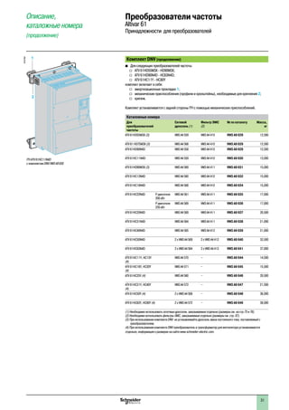 Комплект DNV (продолжение)
b� Для следующих преобразователей частоты:
v �ATV 61HD55M3X - HD90M3X;
v �ATV 61HD90N4D - HC63N4D;
v �ATV 61HC11Y - HC80Y
комплект включает в себя:
v �амортизационные прокладки 1;
v �механические приспособления (профили и кронштейны), необходимые для крепления 2;
v �крепеж.
Комплект устанавливается с задней стороны ПЧ с помощью механических приспособлений.
Каталожные номера
Для
преобразователей
частоты
Сетевой
дроссель (1)
Фильтр ЭМС
(2)
№ по каталогу Масса,
кг
ATV 61HD55M3X (3) VW3 A4 559 VW3 A4 410 VW3 A9 629 12,500
ATV 61 HD75M3X (3) VW3 A4 568 VW3 A4 410 VW3 A9 629 12,500
ATV 61HD90N4D VW3 A4 558 VW3 A4 410 VW3 A9 629 12,500
ATV 61HC11N4D VW3 A4 559 VW3 A4 410 VW3 A9 630 13,000
ATV 61HD90M3X (3) VW3 A4 569 VW3 A4 411 VW3 A9 631 15,000
ATV 61HC13N4D VW3 A4 560 VW3 A4 410 VW3 A9 632 15,000
ATV 61HC16N4D VW3 A4 568 VW3 A4 410 VW3 A9 634 15,000
ATV 61HC22N4D P двигателя
200 кВт
VW3 A4 561 VW3 A4 411 VW3 A9 635 17,000
P двигателя
220 кВт
VW3 A4 569 VW3 A4 411 VW3 A9 636 17,000
ATV 61HC25N4D VW3 A4 569 VW3 A4 411 VW3 A9 637 20,500
ATV 61HC31N4D VW3 A4 564 VW3 A4 411 VW3 A9 638 21,000
ATV 61HC40N4D VW3 A4 565 VW3 A4 412 VW3 A9 639 31,000
ATV 61HC50N4D 2 x VW3 A4 569 2 x VW3 A4 412 VW3 A9 640 32,500
ATV 61HC63N4D 2 x VW3 A4 564 2 x VW3 A4 413 VW3 A9 641 37,000
ATV 61HC11Y, HC13Y
(4)
VW3 A4 570 – VW3 A9 644 14,500
ATV 61HC16Y, HC20Y
(4)
VW3 A4 571 – VW3 A9 645 15,500
ATV 61HC25Y (4) VW3 A4 560 – VW3 A9 646 20,500
ATV 61HC31Y, HC40Y
(4)
VW3 A4 572 – VW3 A9 647 21,500
ATV 61HC50Y (4) 2 x VW3 A4 568 – VW3 A9 648 36,000
ATV 61HC63Y, HC80Y (4) 2 x VW3 A4 572 – VW3 A9 649 38,000
(1) Необходимо использовать сететвые дроссели, заказываемые отдельно (размеры см. на стр.75 и 76).
(2) Необходимо использовать фильтры ЭМС, заказываемые отдельно (размеры см. стр. 87).
(3) При использовании комплекта DNV не устанавливайте дроссель звена постоянного тока, поставляемый с
преобразователем;
(4) При использовании комплекта DNV преобразователь и трансформатор для вентилятора устанавливаются
отдельно, информация о размерах на сайте www.schneider-electric.com.
1
2
DF537084
ПЧ ATV 61HC11N4D
с комплектом DNV VW3 A9 630
Описание,
каталожные номера
(продолжение)
Преобразователи частоты
Altivar 61
Принадлежности для преобразователей
1
2
3
4
5
6
7
8
9
10
31
 
