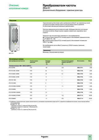 Преобразователи частоты
Altivar 61
Дополнительное оборудование: тормозные резисторы
Описание,
каталожные номера
Описание
Тормозной резистор обеспечивает работу преобразователя Altivar 61 при торможении до полной
остановки или во время снижения скорости путем рассеивания энергии торможения.
Он обеспечивает максимальный переходный тормозной момент.
Резисторы предназначены для установки вне шкафа. Необходимо обеспечить естественную
вентиляцию устройства. Воздух не должен содержать примеси пыли, коррозийные газы и
конденсат.
Предлагается два типа резисторов в зависимости от типа преобразователя:
b со степенью защиты корпуса IP 20 и тепловой защитой, обеспечиваемой термовыключателем
или ПЧ (VW3 A7 701 - 709)
b со степенью защиты корпуса IP 23 и тепловой защитой, обеспечиваемой тепловым реле
(VW3 A7 71p и 8pp).
Все преобразователи частоты Altivar 61 мощностью y 200 кВт оснащены тормозными
транзисторами.
Применение
Механизмы с большим моментом инерции.
Каталожные номера
Для преобразователей частоты Степень защиты
резистора
Значение
при 20°C
Располагаемая средняя
мощность при 50°C (1)
№ по каталогу Масса
Oм кВт кг
Сетевое питание: 200 - 240 В, 50/60 Гц
ATV 61H075M3 IP 20 100 0.05 VW3 A7 701 1.900
ATV 61HU15M3, HU22M3 IP 20 60 0.1 VW3 A7 702 2.400
ATV 61HU30M3, HU40M3 IP 20 28 0.2 VW3 A7 703 3.500
ATV 61HU55M3, HU75M3 IP 20 15 1 VW3 A7 704 11.000
ATV 61HD11M3X IP 20 10 1 VW3 A7 705 11.000
ATV 61HD15M3X IP 20 8 1 VW3 A7 706 11.000
ATV 61HD18M3X, HD22M3X IP 20 5 1.3 VW3 A7 707 11.000
ATV 61HD30M3X IP 20 4 1 VW3 A7 708 11.000
ATV 61HD37M3X, HD45M3X IP 20 2.5 1 VW3 A7 709 11.000
ATV 61HD55M3X, HD75M3X IP 23 1.8 15.3 VW3 A7 713 50.000
ATV 61HD90M3X IP 23 1.4 20.9 VW3 A7 714 63.000
(1) Коэффициент нагрузки резисторов: среднее значение мощности, рассеиваемое сопротивлением в кожухе при 50 °C, определяется коэффициентом нагрузки, соответствующим наиболее
частым применениям.
Для VW3 A7 701 - 709:
- торможение в течение 2 с с моментом 0,6 Мn для цикла 40 с;
- торможение в течение 0,8 с с моментом 1,5 Мn для цикла 40 с.
Для VW3 A7 713 - 714:
- торможение в течение 10 с с моментом 2 Мn для цикла 30 с.
VW3 A7 701
PF105659
69
 